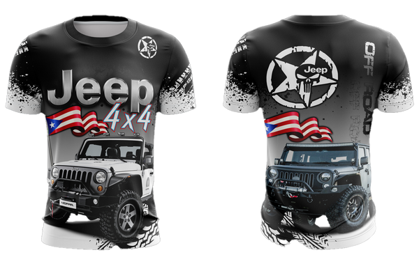 A rugged black Jeep 4x4 t-shirt featuring a Jeep vehicle, brand logo, Puerto Rican flag, tire tracks, and Mopar label, perfect for off-road enthusiasts.