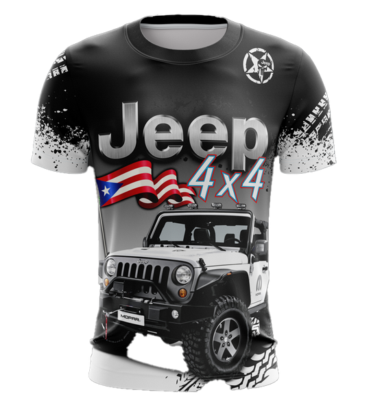 A black t-shirt with a graphic of a Jeep 4x4 vehicle and the Puerto Rican flag.