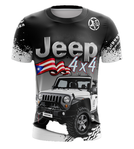 A black t-shirt with a graphic of a Jeep 4x4 vehicle and the Puerto Rican flag.