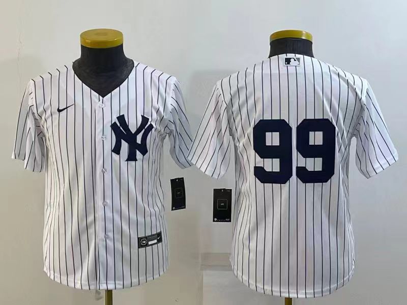 A white baseball jersey with pinstripes, featuring the New York Yankees logo and the number 99.