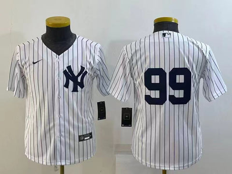 A white baseball jersey with pinstripes, featuring the New York Yankees logo and the number 99.