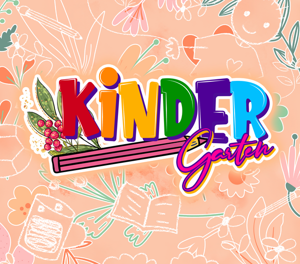 Three skinny 20 oz tumblers with 'Kinder' and 'Maestro' text, featuring floral and playful educational designs.