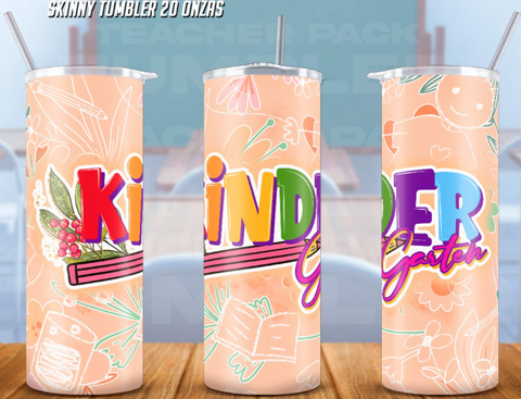 A set of three 20 oz stainless steel tumblers with colorful kindergarten-themed designs, each including a straw and a lid.