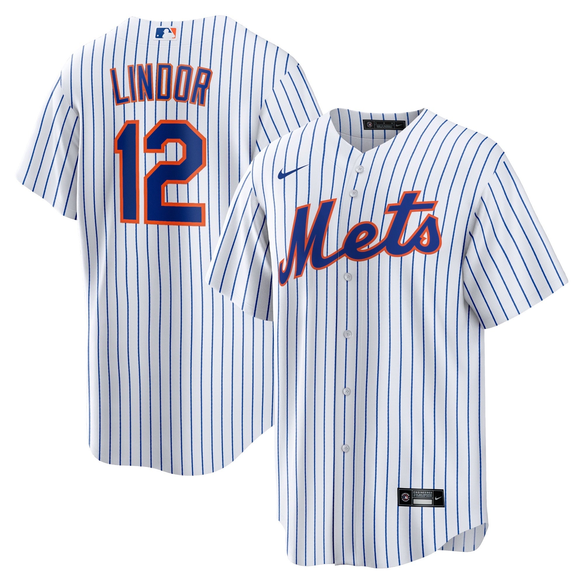 New York Mets pinstripe jersey with "Lindor 12" in bold orange and blue lettering, showcasing front and back views, perfect for baseball fans and collectors.