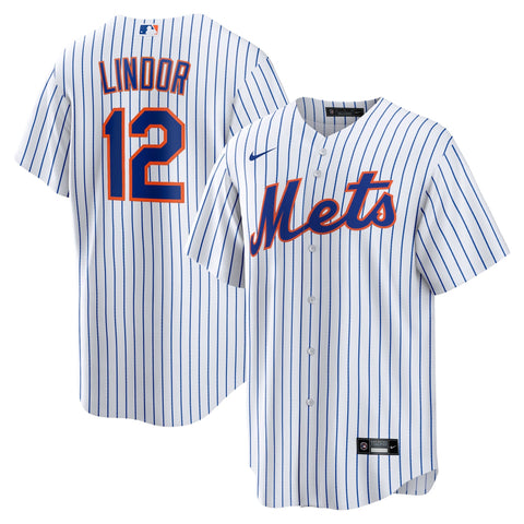 New York Mets pinstripe jersey with "Lindor 12" in bold orange and blue lettering, showcasing front and back views, perfect for baseball fans and collectors.