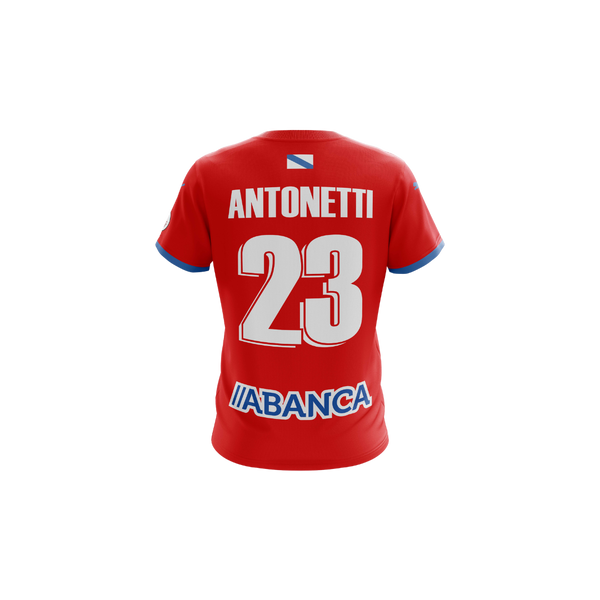 Official Lugo FC red soccer jersey with Estrella Galicia 0.0 logo and Puma branding, featuring a dynamic geometric pattern, ideal for football fans and collectors.