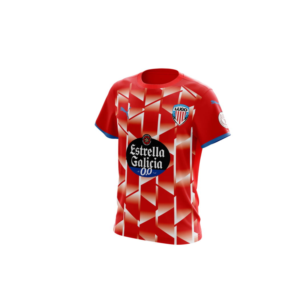 Official Lugo FC red soccer jersey with Estrella Galicia 0.0 logo and Puma branding, featuring a dynamic geometric pattern, ideal for football fans and collectors.
