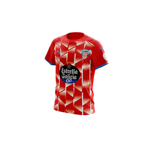 Official Lugo FC red soccer jersey with Estrella Galicia 0.0 logo and Puma branding, featuring a dynamic geometric pattern, ideal for football fans and collectors.