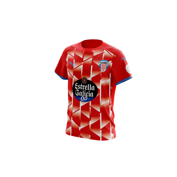 Official Lugo FC red soccer jersey with Estrella Galicia 0.0 logo and Puma branding, featuring a dynamic geometric pattern, ideal for football fans and collectors.