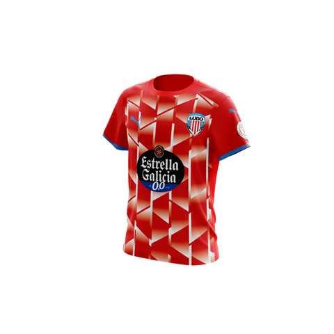 Official Lugo FC red soccer jersey with Estrella Galicia 0.0 logo and Puma branding, featuring a dynamic geometric pattern, ideal for football fans and collectors.