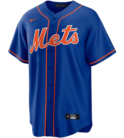 A blue New York Mets baseball jersey with orange and white text, featuring button details and a logo on the chest.