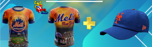 A set of apparel featuring a New York Mets theme, including a polyester t-shirt with a bold sublimation print and an embroidered hat.