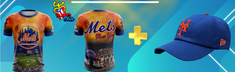A set of apparel featuring a New York Mets theme, including a polyester t-shirt with a bold sublimation print and an embroidered hat.