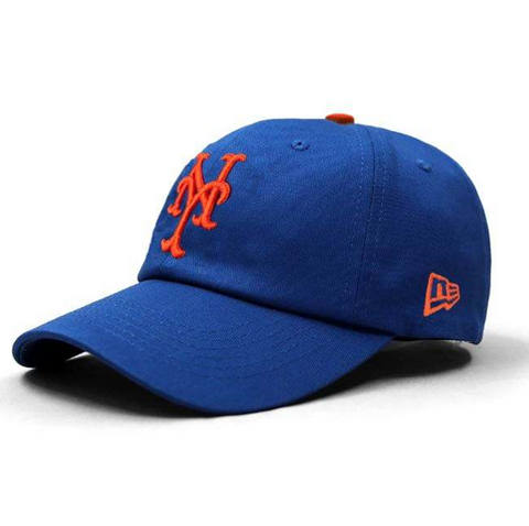 A blue snapback baseball hat with orange embroidery, featuring the New York Mets logo.