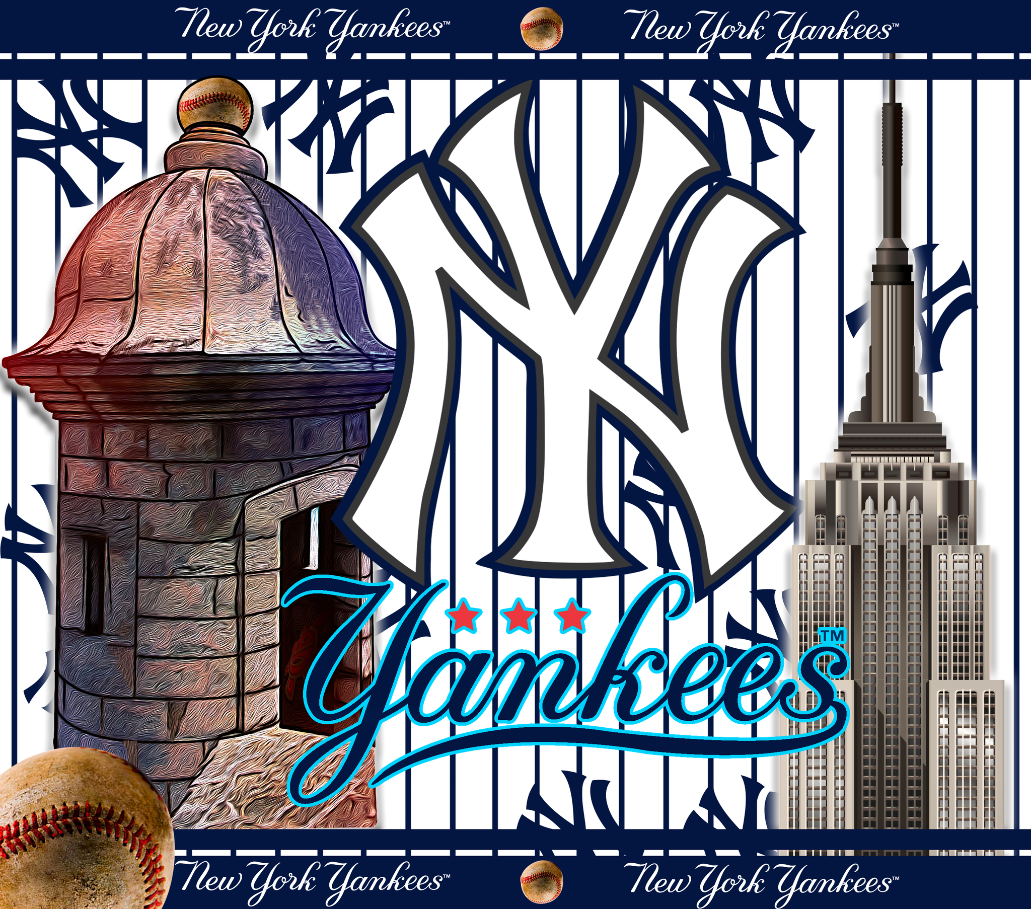 Set of three New York Yankees stainless steel tumblers featuring Yankees logo, Puerto Rican architecture, and Empire State Building designs.