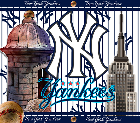 Set of three New York Yankees stainless steel tumblers featuring Yankees logo, Puerto Rican architecture, and Empire State Building designs.