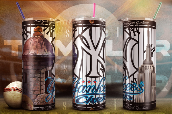 Set of three New York Yankees stainless steel tumblers featuring Yankees logo, Puerto Rican architecture, and Empire State Building designs.