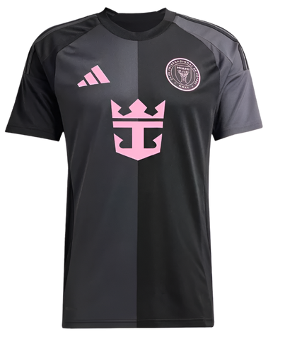A black and pink soccer jersey with short sleeves, featuring the Inter Miami CF logo and the name and number of a player on the back.