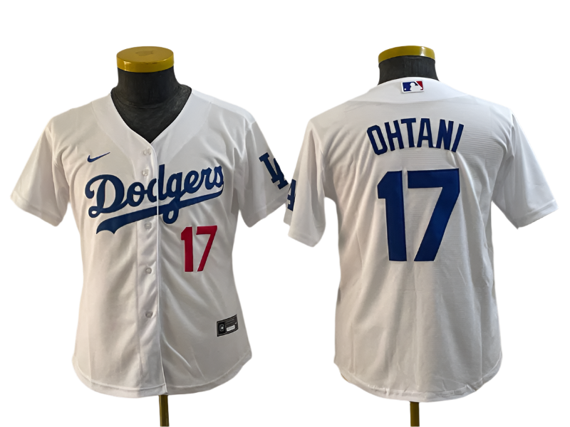 A white Los Angeles Dodgers baseball jersey with blue and red details, featuring the number 17 and the name 'OHTANI' on the back.