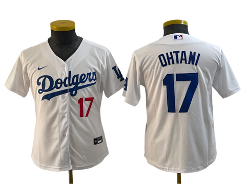 A white Los Angeles Dodgers baseball jersey with blue and red details, featuring the number 17 and the name 'OHTANI' on the back.