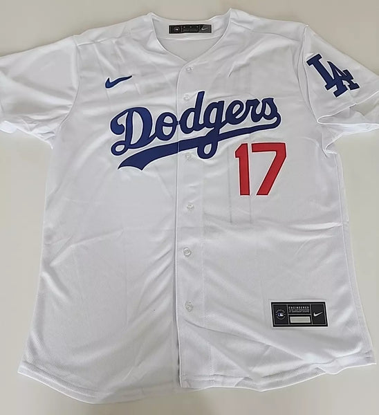 white Los Angeles Dodgers jersey with "Ohtani 17" in bold navy lettering, featuring front and back views, a perfect collectible for baseball fans and Shohei Ohtani admirers.