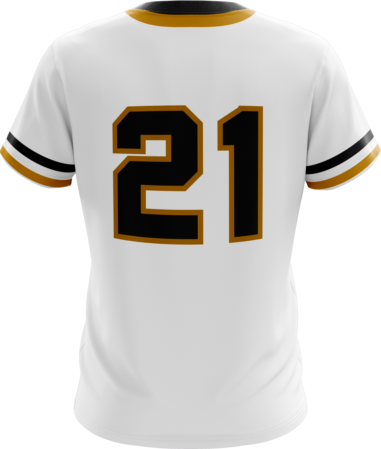 White Pittsburgh Pirates baseball jersey with black and gold accents, featuring number 21 on the front – classic fan apparel for sports and casual wear.