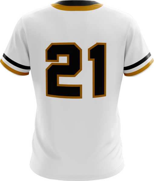 White Pittsburgh Pirates baseball jersey with black and gold accents, featuring number 21 on the front – classic fan apparel for sports and casual wear.