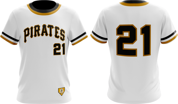 White Pittsburgh Pirates baseball jersey with black and gold accents, featuring number 21 on the front – classic fan apparel for sports and casual wear.