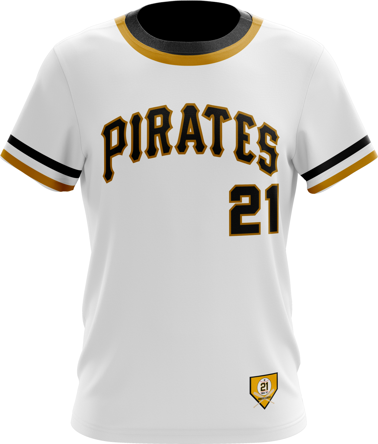 White Pittsburgh Pirates baseball jersey with black and gold accents, featuring number 21 on the front – classic fan apparel for sports and casual wear.