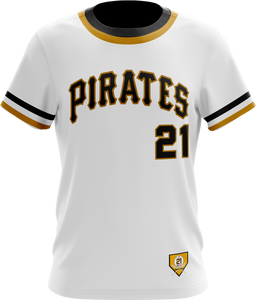 White Pittsburgh Pirates baseball jersey with black and gold accents, featuring number 21 on the front – classic fan apparel for sports and casual wear.