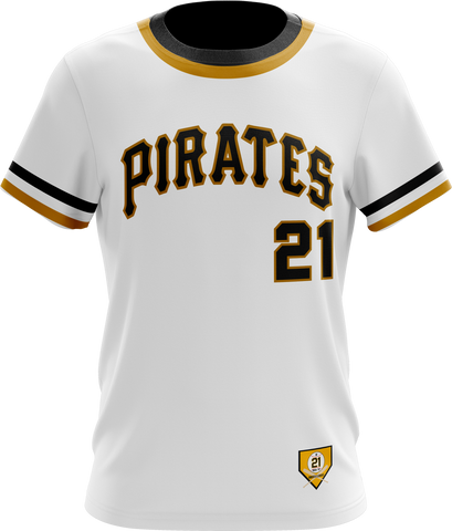White Pittsburgh Pirates baseball jersey with black and gold accents, featuring number 21 on the front – classic fan apparel for sports and casual wear.