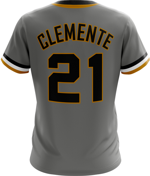 Gray Pittsburgh Pirates T-shirt with number 21, featuring Roberto Clemente tribute and team logo, ideal for baseball fans and collectors honoring his legacy.