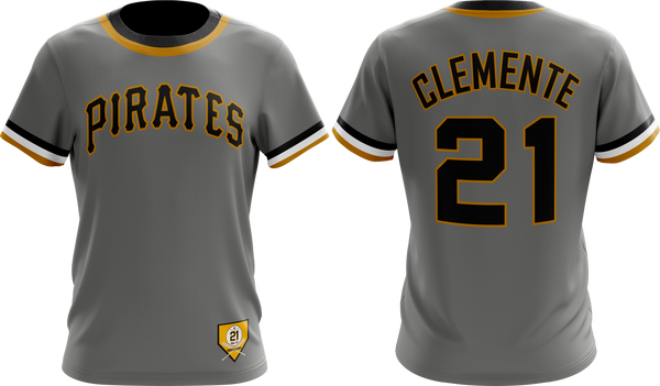 Gray Pittsburgh Pirates T-shirt with number 21, featuring Roberto Clemente tribute and team logo, ideal for baseball fans and collectors honoring his legacy.