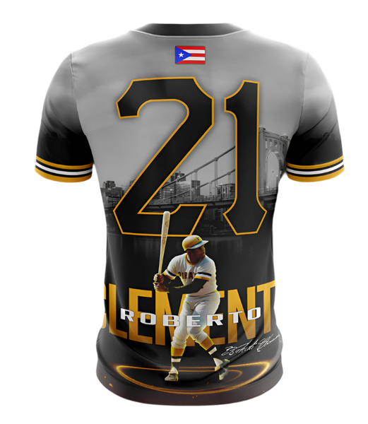 A sports uniform featuring a black and white design with images of a baseball player and a city skyline. The number 21 and the text 'THE GREATEST ONE' are prominently displayed.