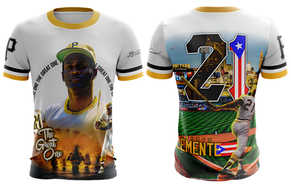 Custom Pittsburgh Pirates T-shirt with "The Great One" and number 21, featuring a player with a bat, pirate ships, and fiery background, ideal for baseball and Pirates fans.