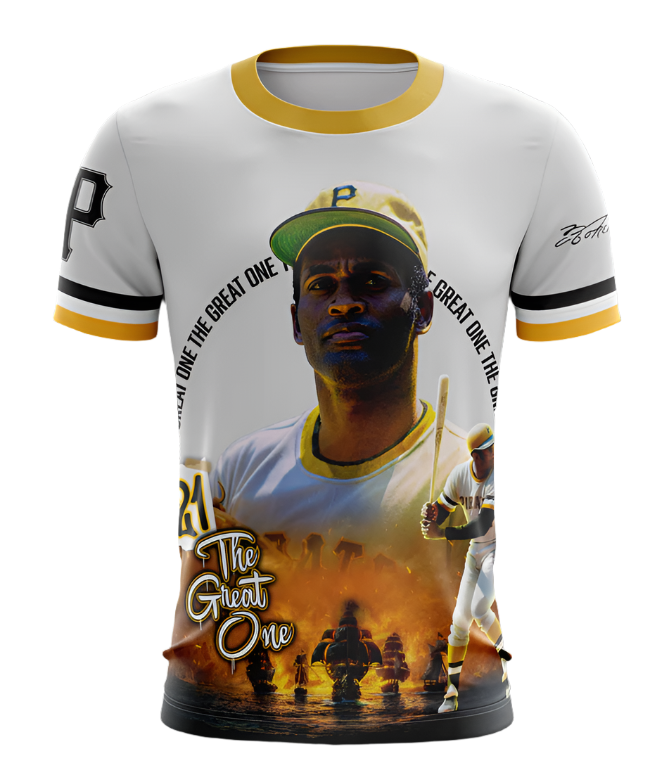 A kids' t-shirt with a graphic print of a baseball player wearing a cap, with text around the graphic.