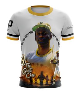 A kids' t-shirt with a graphic print of a baseball player wearing a cap, with text around the graphic.