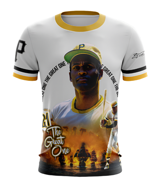 A kids' t-shirt with a graphic print of a baseball player wearing a cap, with text around the graphic.