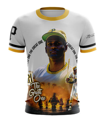A kids' t-shirt with a graphic print of a baseball player wearing a cap, with text around the graphic.