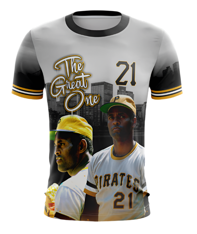 A t-shirt featuring a graphic design with the text 'The Great One 21', depicting a baseball player in a Pirates uniform, in reference to Roberto Clemente.