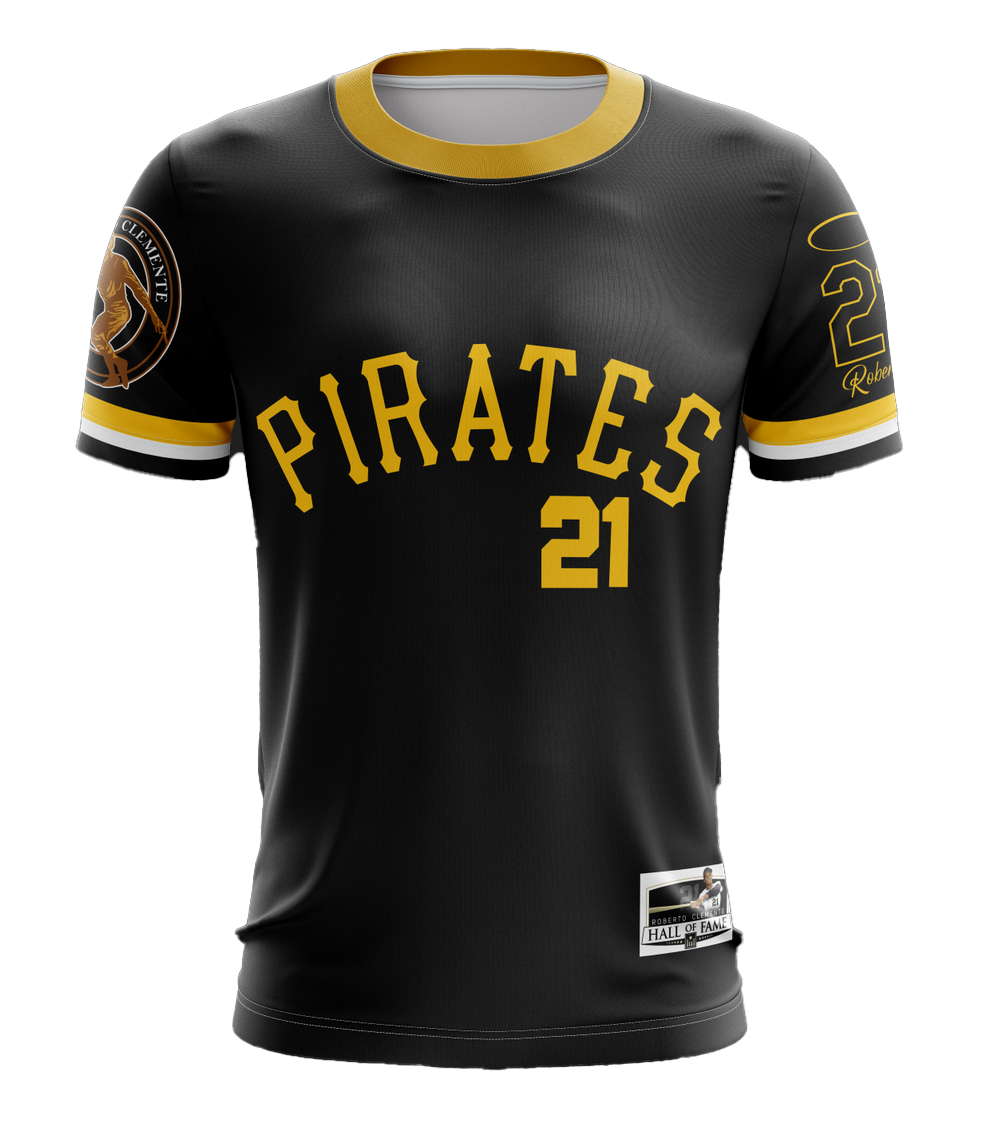 Pittsburgh Pirates Roberto Clemente Hall of Fame jersey number 21, featuring black design with yellow lettering and sleeve patch