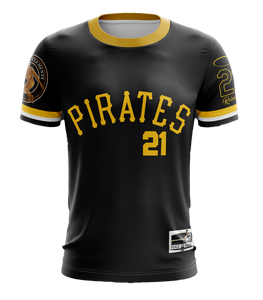 Pittsburgh Pirates Roberto Clemente Hall of Fame jersey number 21, featuring black design with yellow lettering and sleeve patch