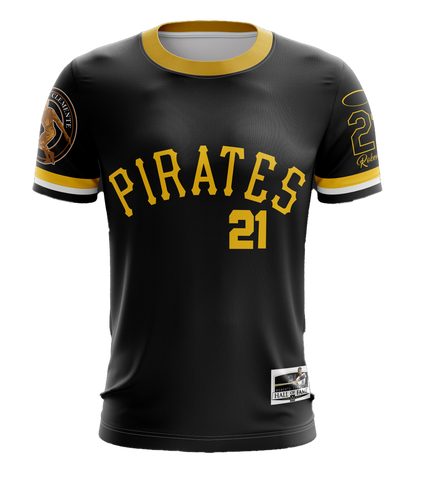 Pittsburgh Pirates Roberto Clemente Hall of Fame jersey number 21, featuring black design with yellow lettering and sleeve patch