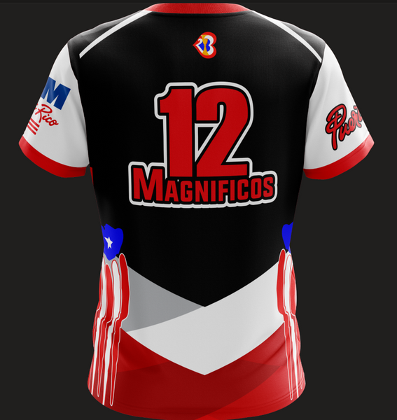 A bold Puerto Rico basketball jersey for the 2023 World Cup, featuring red "Puerto Rico" text, black, white, and red patterns, and the event logo, perfect for fans.