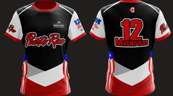 A bold Puerto Rico basketball jersey for the 2023 World Cup, featuring red "Puerto Rico" text, black, white, and red patterns, and the event logo, perfect for fans.
