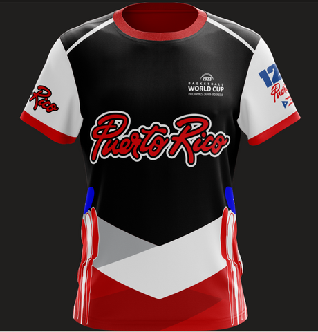 A short-sleeved Puerto Rico basketball team themed t-shirt with a round neck, predominantly in red and white colors with black text and graphics.