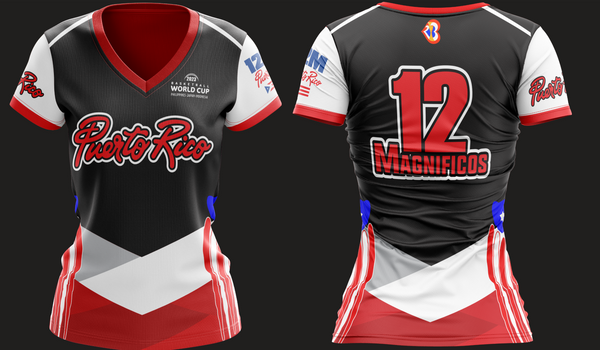 A striking Puerto Rico basketball jersey for the 2023 FIBA World Cup, featuring bold red text, black, white, and red patterns, and the event logo, perfect for fans.