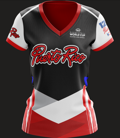 A striking Puerto Rico basketball jersey for the 2023 FIBA World Cup, featuring bold red text, black, white, and red patterns, and the event logo, perfect for fans.