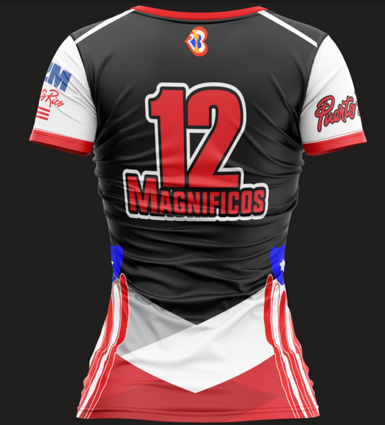 A striking Puerto Rico basketball jersey for the 2023 FIBA World Cup, featuring bold red text, black, white, and red patterns, and the event logo, perfect for fans.