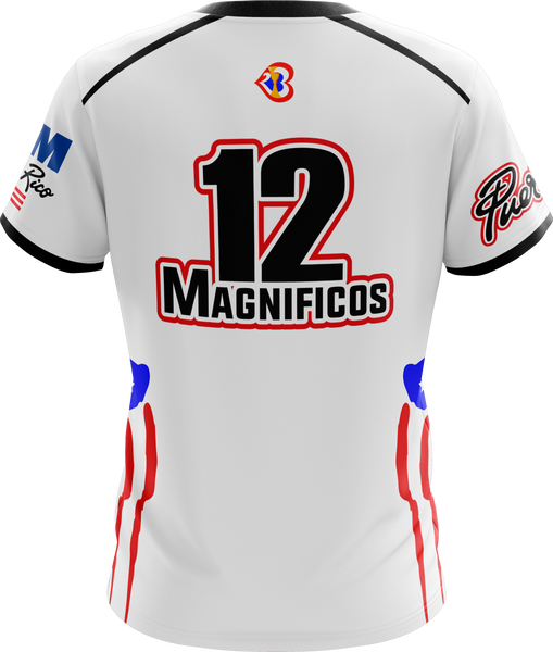 A dynamic Puerto Rico basketball jersey for the 2023 World Cup, featuring "Puerto Rico" text, number 12, and "Magnificos" with red and blue flag-inspired stripes, perfect for fans.